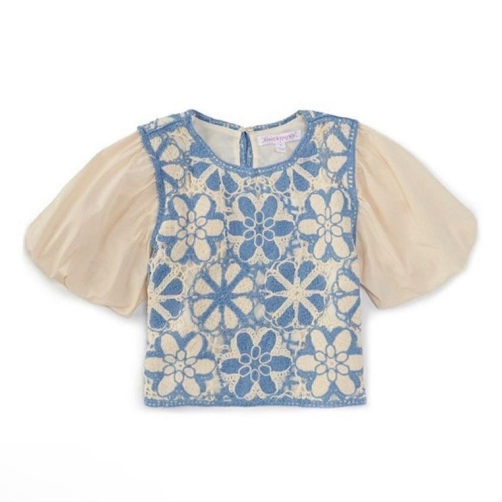 Honey & Sparkle Blue Kids Crotchet Puff Sleeve
Top(Size Large)
